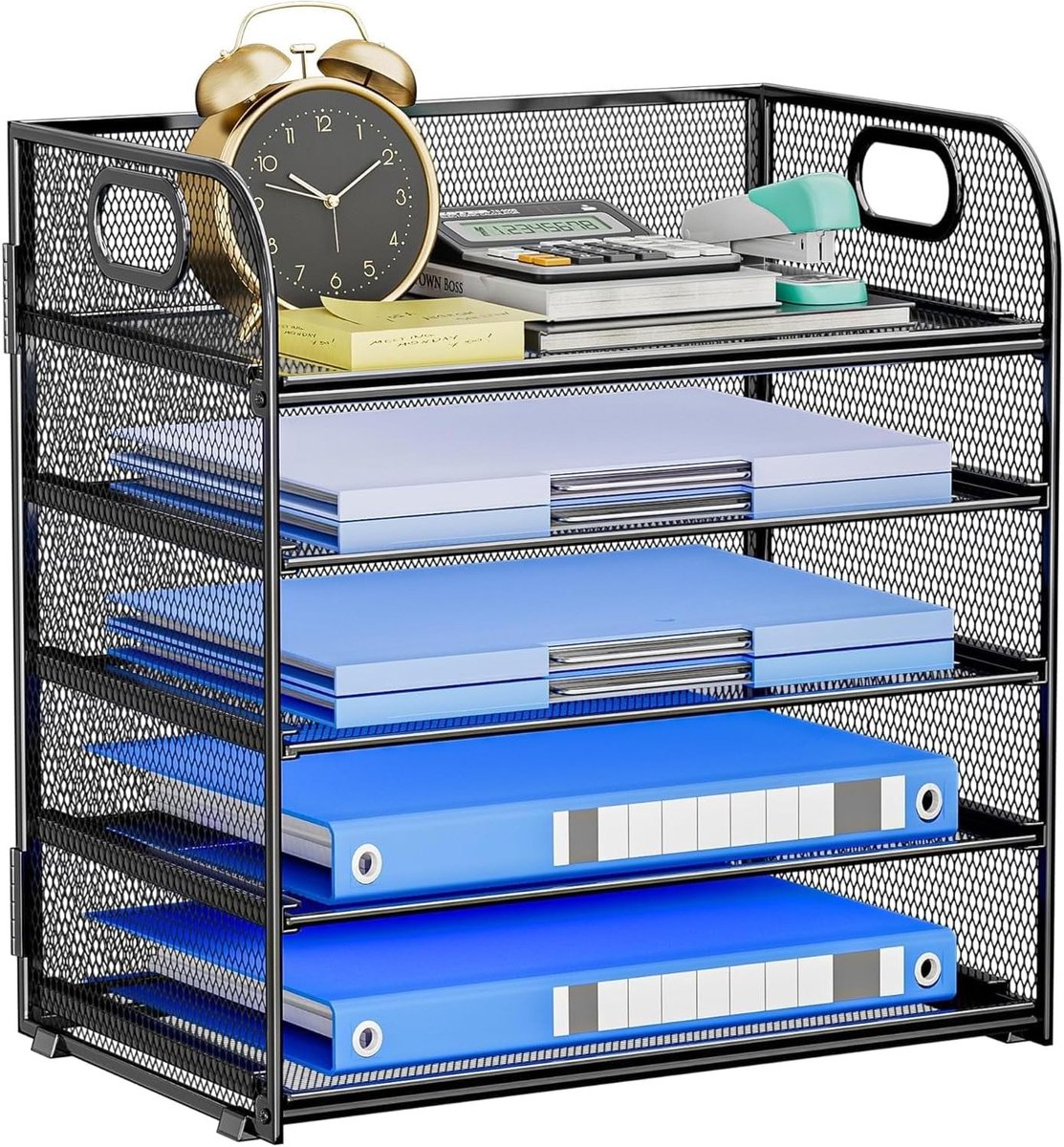 Vijflaags papierorganizer voor kantoor, metalen bureaubestandenhouder met handvat, papier sorteerder voor A4 en briefmappen