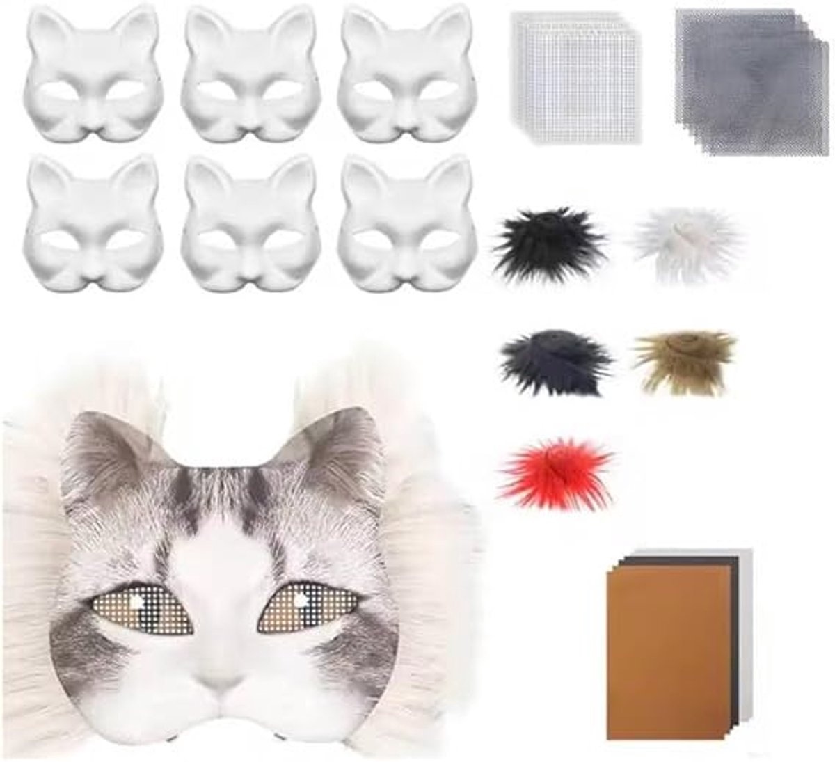 DIY Therian Maskerset - Onbewerkte Kattenmasker - Met Nepvacht en Ooggaas - Geschikt voor Halloween, School en Knutselen - Voor Jongens en Meisjes - Lichtgewicht en Aanpasbaar - Rollenspel en Kostuumfeestjes - Herbruikbaar - Creatief Knutselpakket