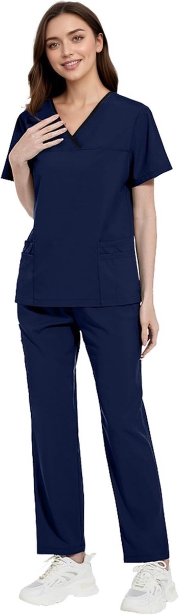 Professionele V-hals Scrub Set met Korte Mouwen en Elastische Taille, Rechte Broek met Meerdere Zakjes, Ideaal voor Artsen, Verpleegkundigen en Dierenartsen, Comfortabele Werkoutfit