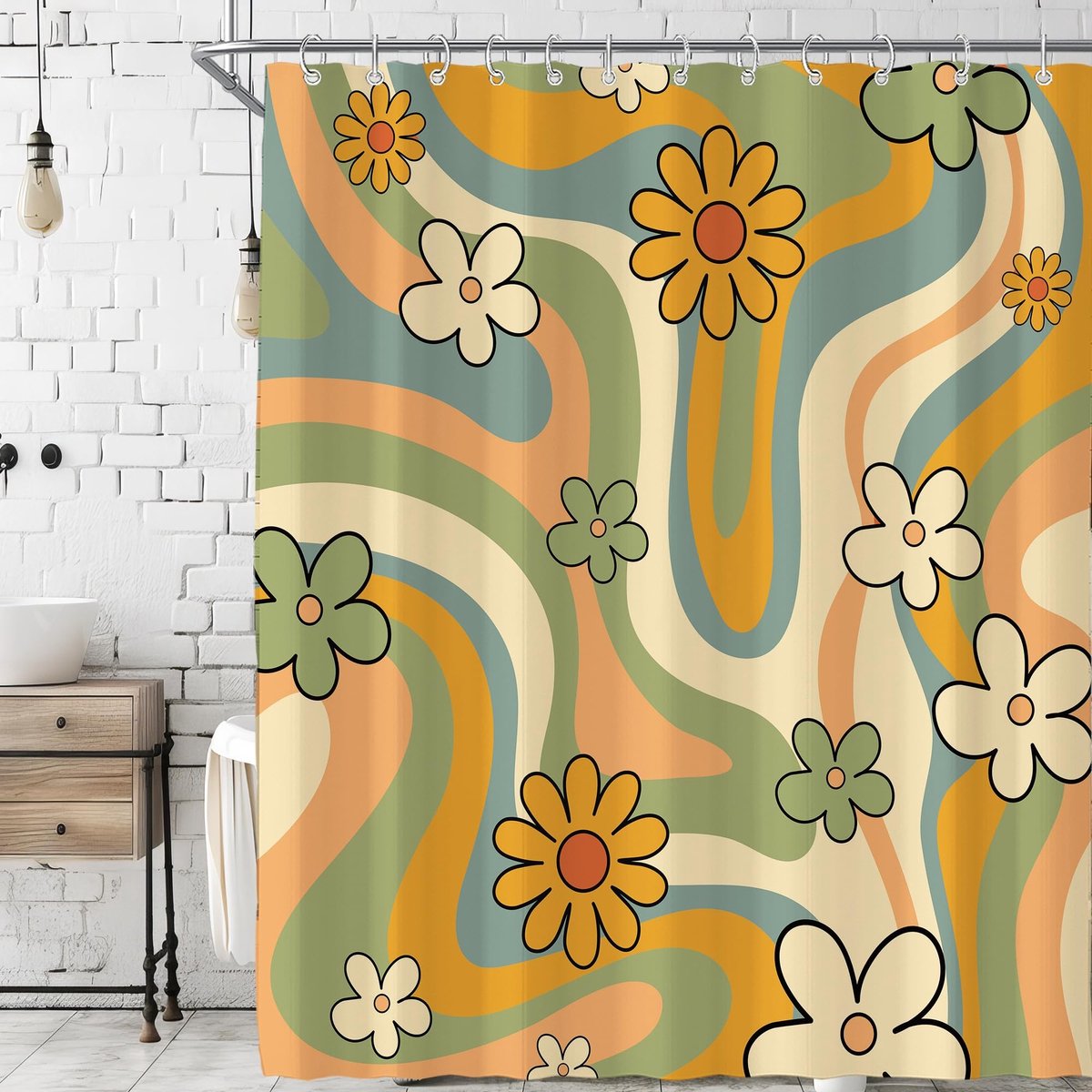 Douchegordijn Jaren 70 - Retro Bloemen Design - 182 cm x 180 cm