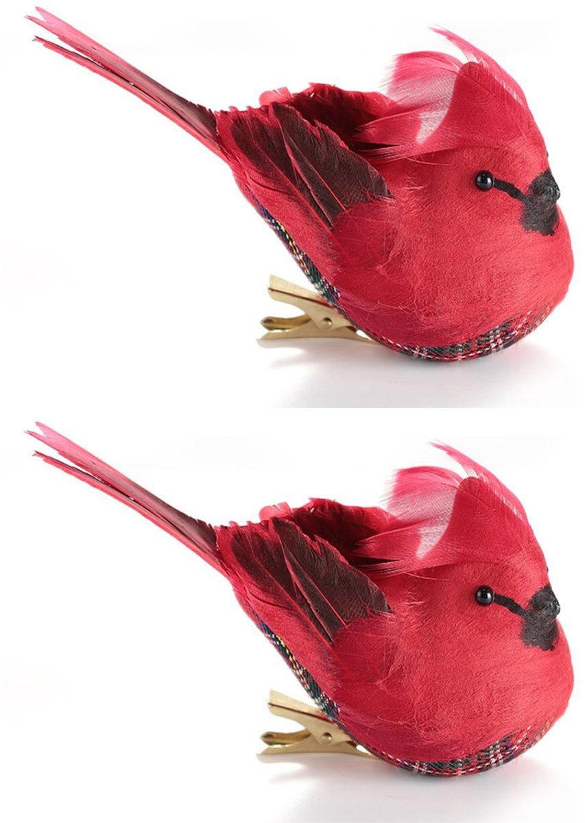 Set van 2 Mini Kardinaal Ornamenten - Rode Gevederde Vogels met Clip