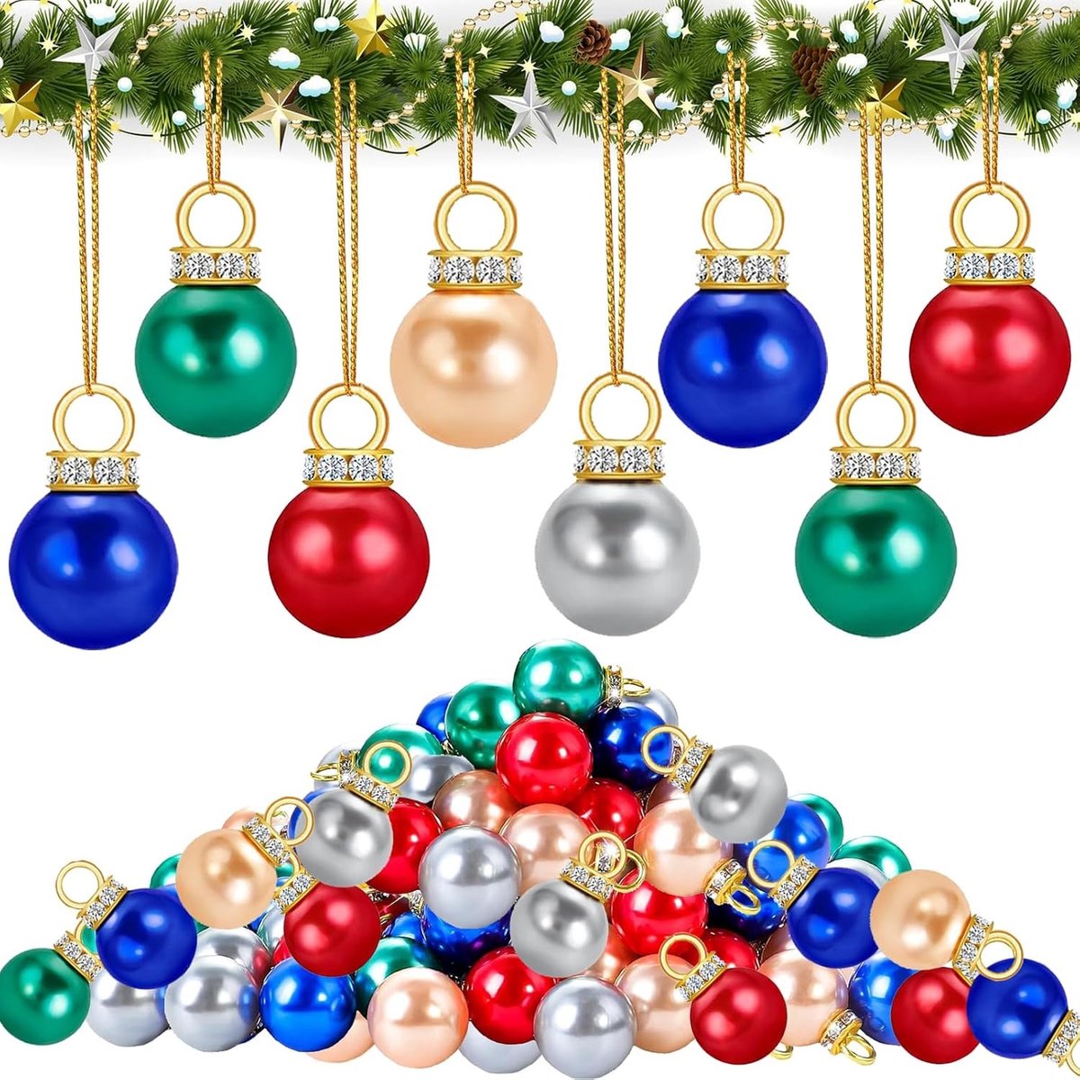 Kleine Kerstballen Set van 60 Stuks, 16 mm Kleurige Mini Kerstballen met 10 m Gouden Draad voor Kerstbomen, Guirlandes en Versieringen