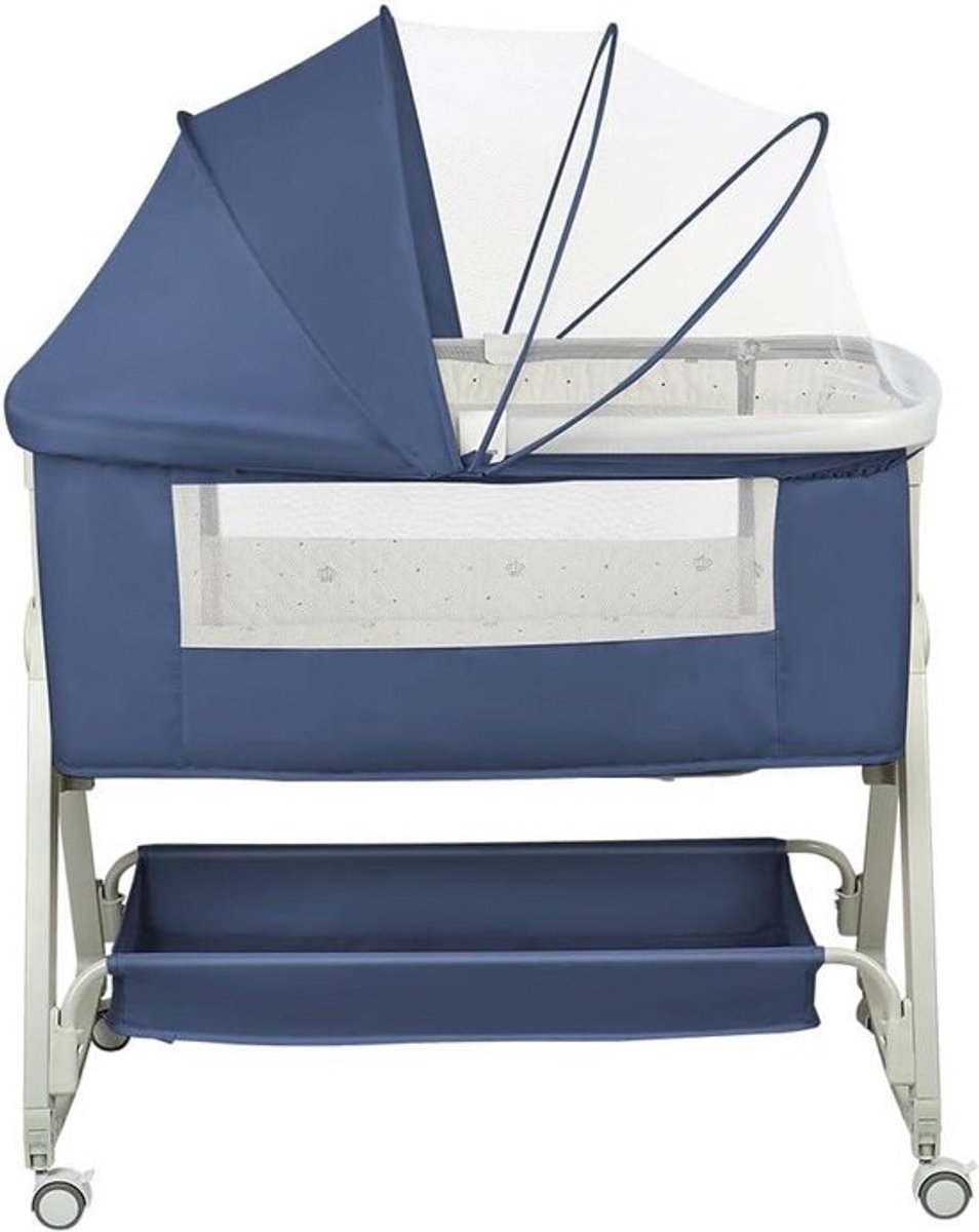 Babybed met Muggennet - Bijzetbed Reisbed - Veilig Slapen - In Hoogte Verstelbaar - 50 x 91 cm - Blauw