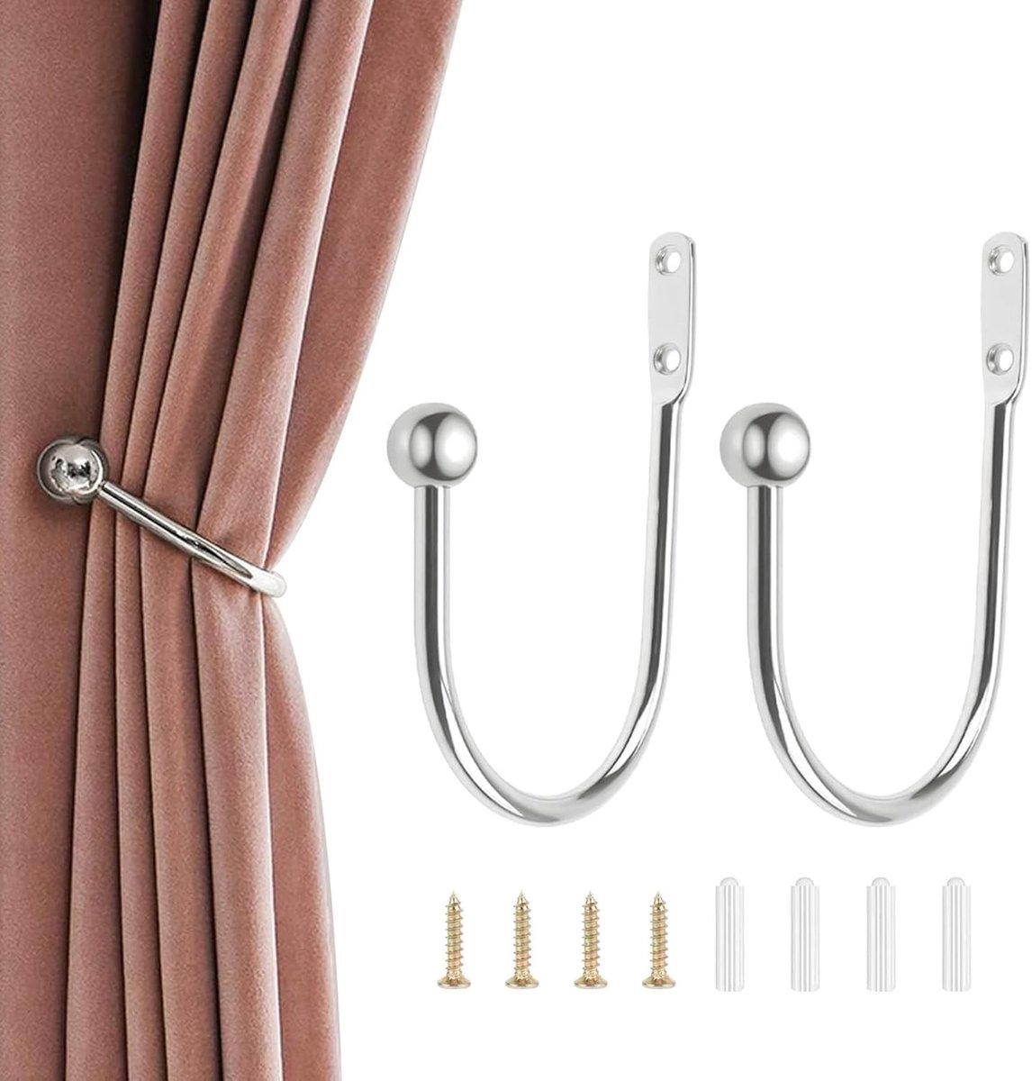 Set van 2 Decoratieve Gordijnhouders, U-vormige Bevestigingshaken voor Raam of Douche, Roestvrij en Inclusief Schroeven