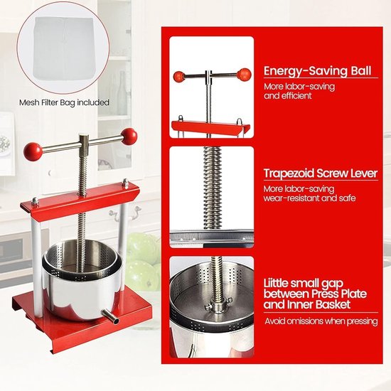 Handmatige Juicer voor 3 Liter, Perfect voor Tincturen, Kaas, Kruidensappen en Olijfolie, RVS en IJzer, Ideaal voor Fruit, Cider en Wijn — afbeelding 4