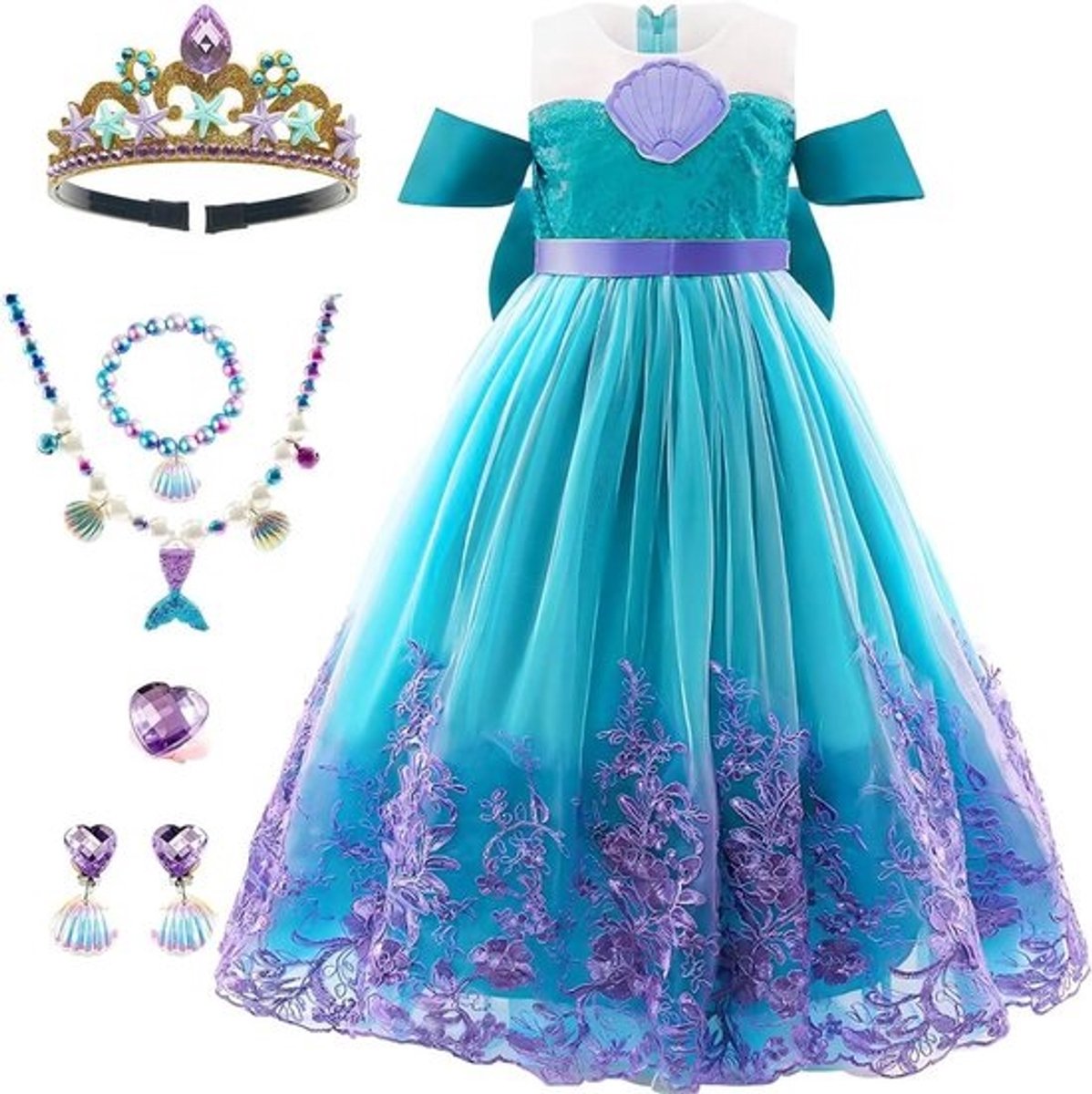 Zeemeerminnenkostuum Kinderen - Prinsessenjurk Meisjes - Verkleden Feest - Compleet Accessoireset - 3-13 Jaar - Turquoise