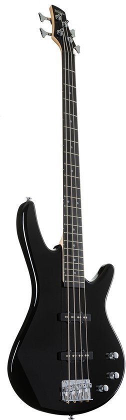 Zwarte Ibanez GSR elektrische basgitaar in zijn geheel, staand op een witte achtergrond.