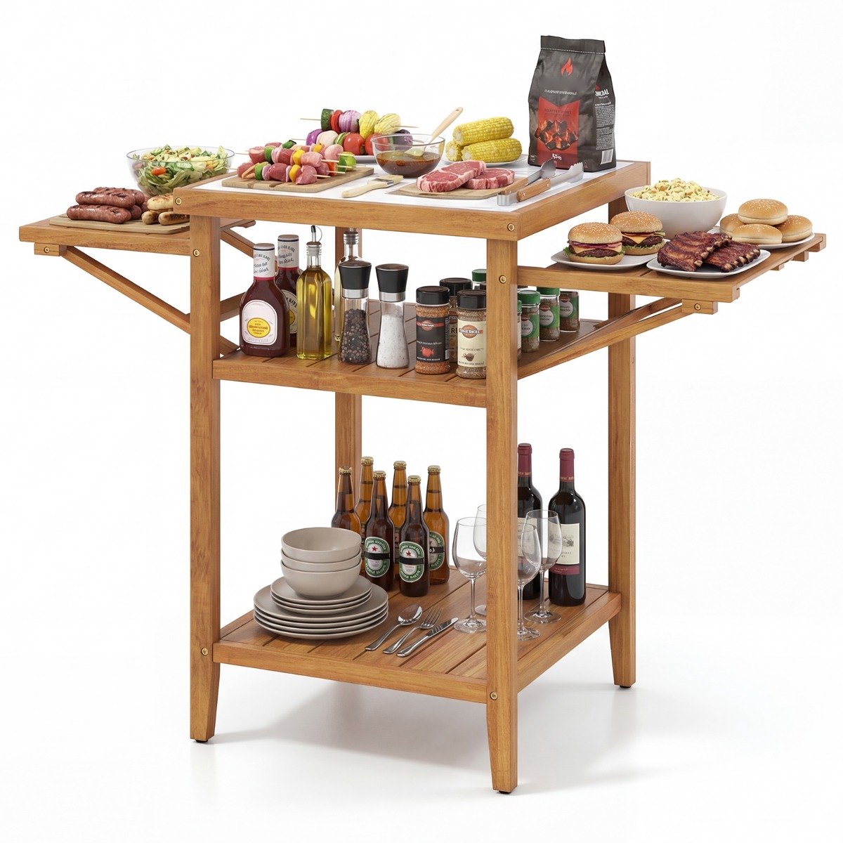 SureDeal® - Kamper - Barbecue tafel - Buiten BBQ tafel - Opklapbare Zijplanken Open - Twee Niveaus - 124,5x60x89,5 cm - Naturel