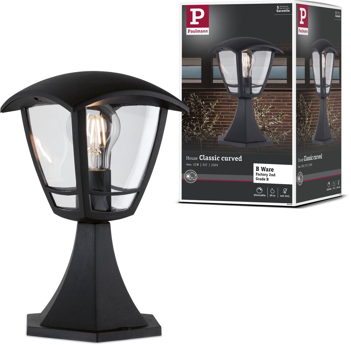 Bolderlamp B-waar Classic Curved IP44 280 mm max. 12W 230V Helder, Zwart E27 Kunststof