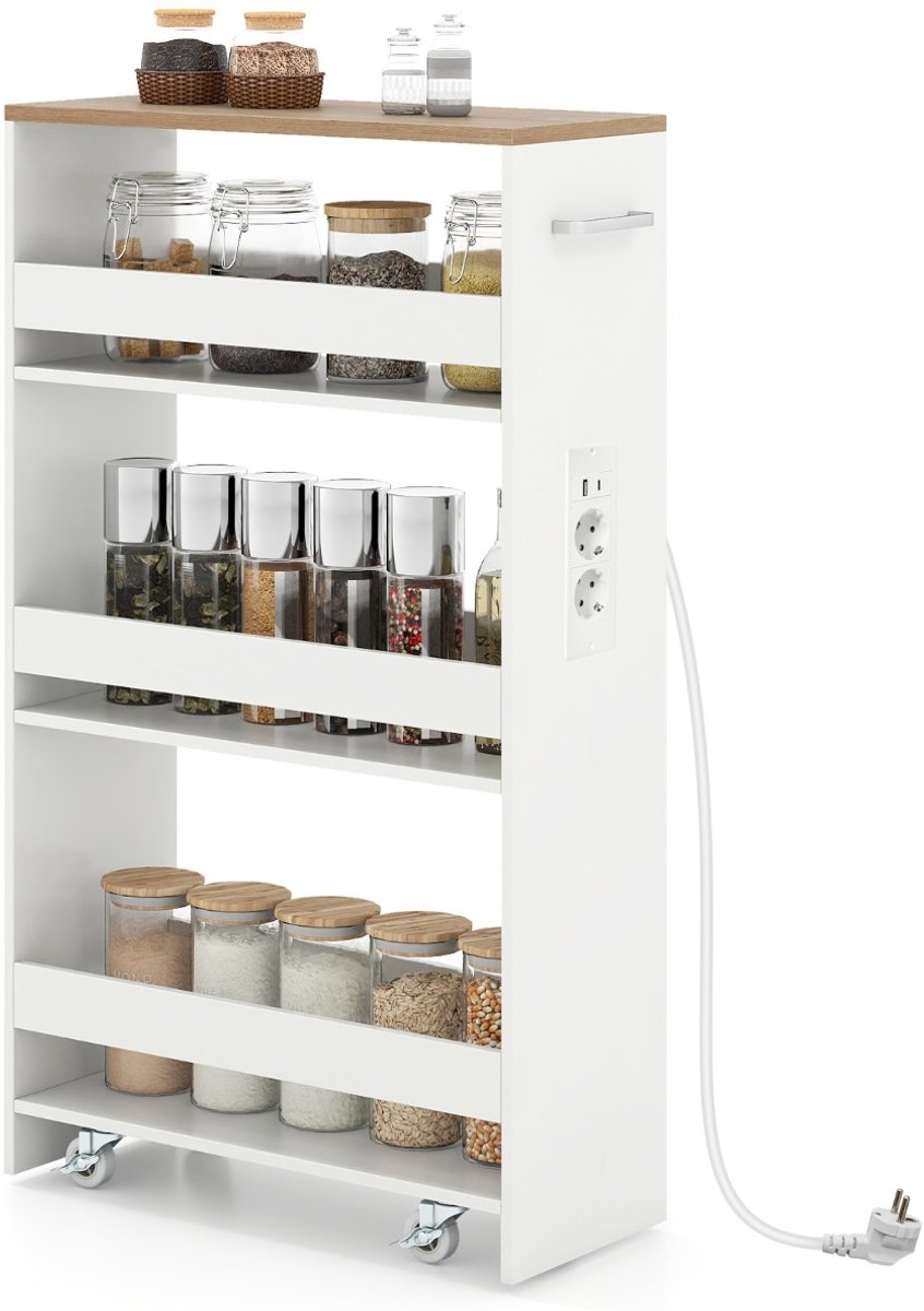 SureDeal® - Ladekast - 4-laags Trolley Smalle - Oplaadstation - Drie Open Planken - 47,5x20x80,5 cm - Wit