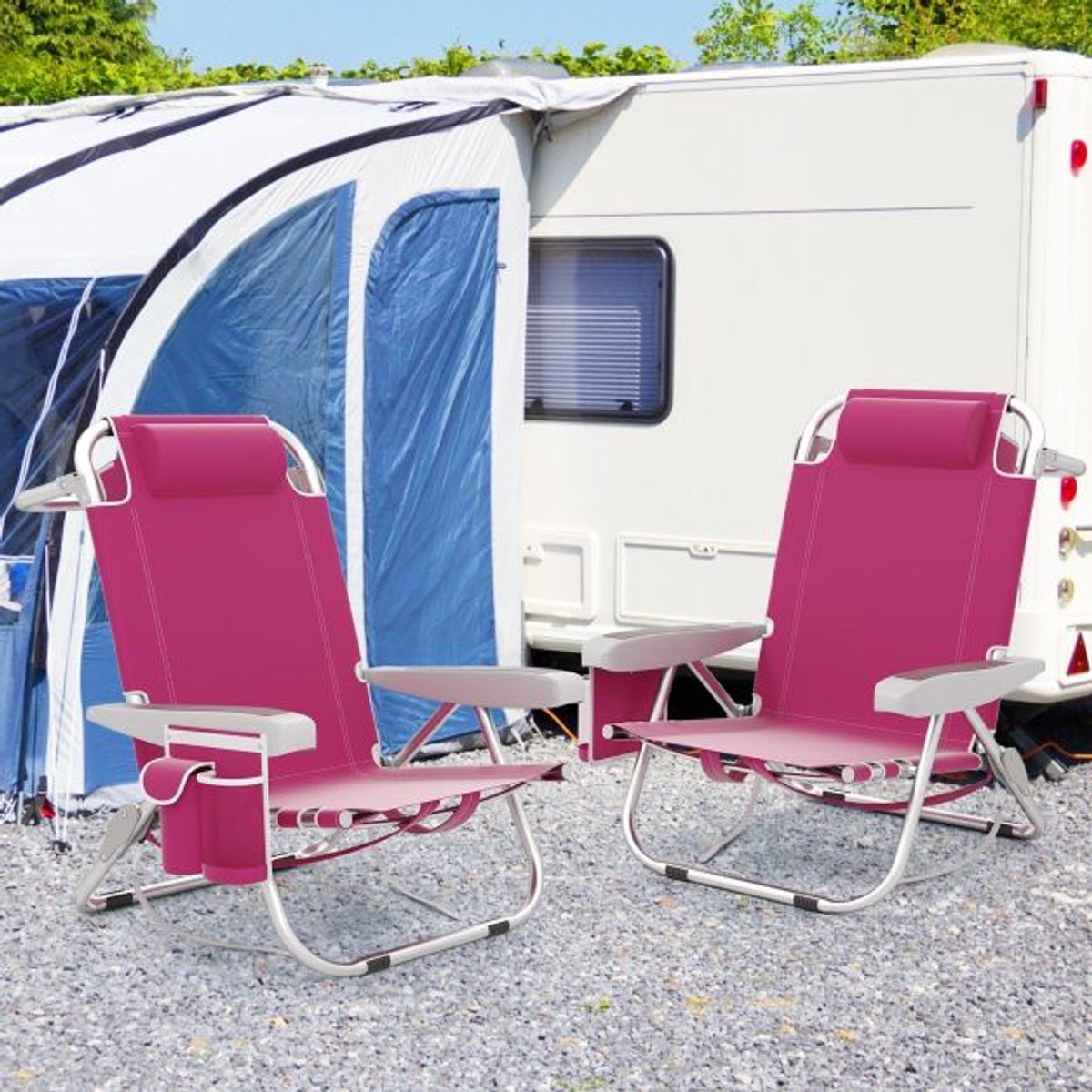 SureDeal® - Tuinstoel - Strandstoel - Verstelbare Rugleuning Standen - Marine blauw - Multicolor - Roze - 205x205x222 cm - Natuur