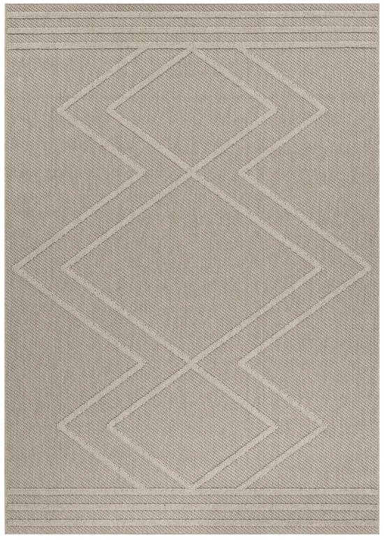 Tapis beige avec motif géométrique en losange et bords texturés.