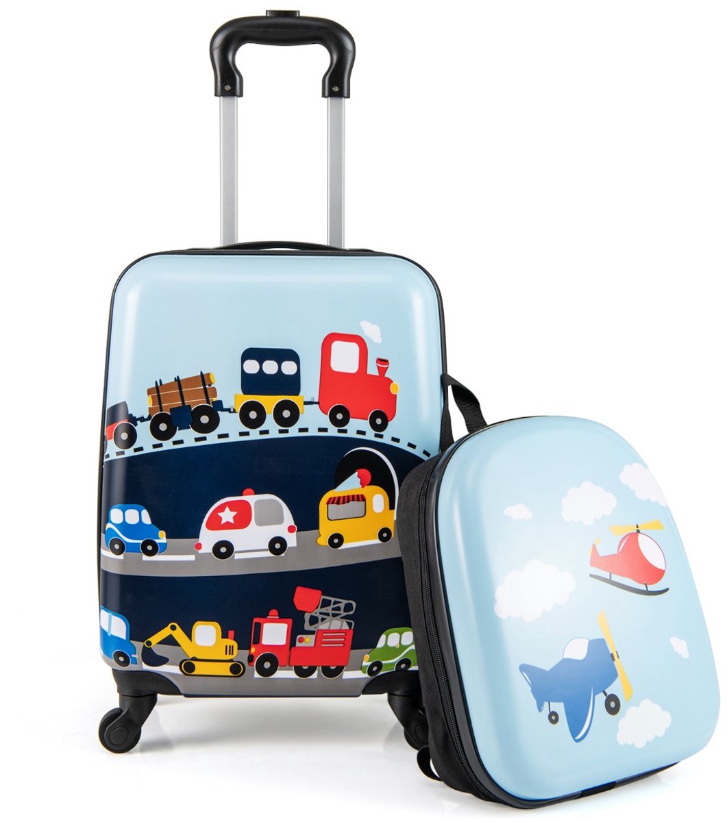 SureDeal® - Kinderkoffer - 2-delige Kinderbagage - Wielen Handbagage - Harde Rugzak Blauw - Bruin