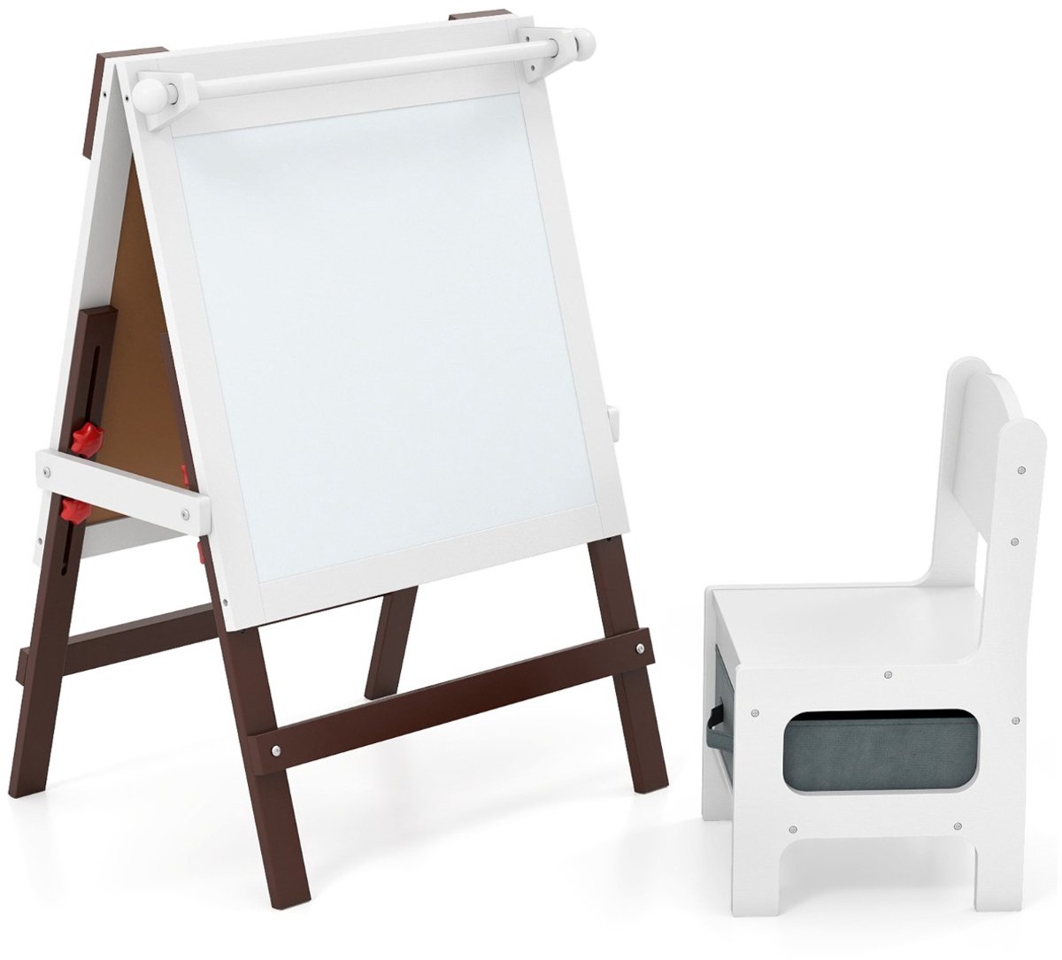 SureDeal® - Boekenkast - Kinderen Dubbelzijdige Ezel - Stoel Hoogte Verstelbare - Krijtbord - Whiteboard Bruin - Wit - 55x48x75 cm - Bruin