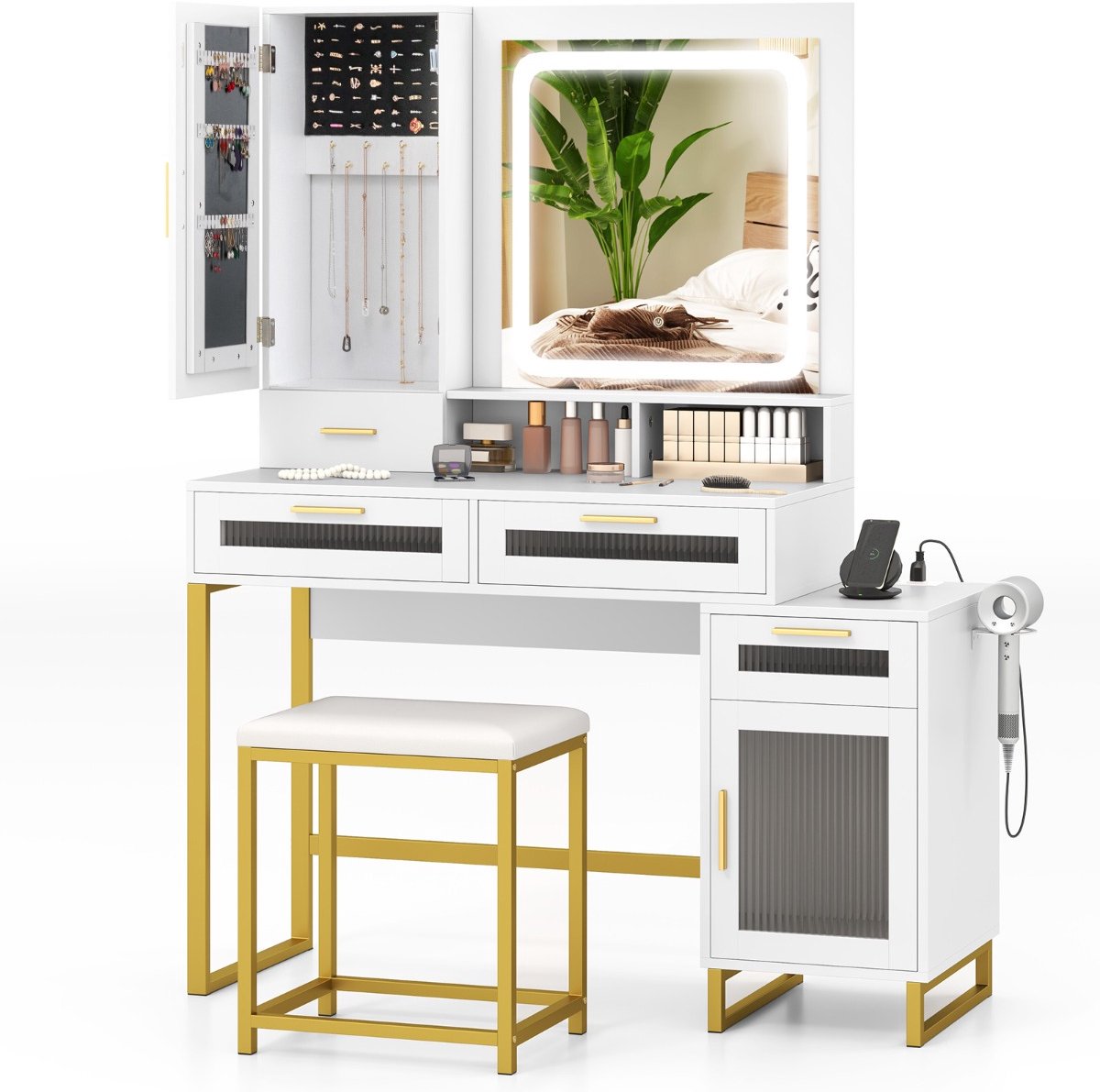 Suredeal Kaptafel - Verlichte Spiegel Make - Krukset - Oplaadstation Kleurige LED - Open Plank - 112x39,5x145 cm - Wit