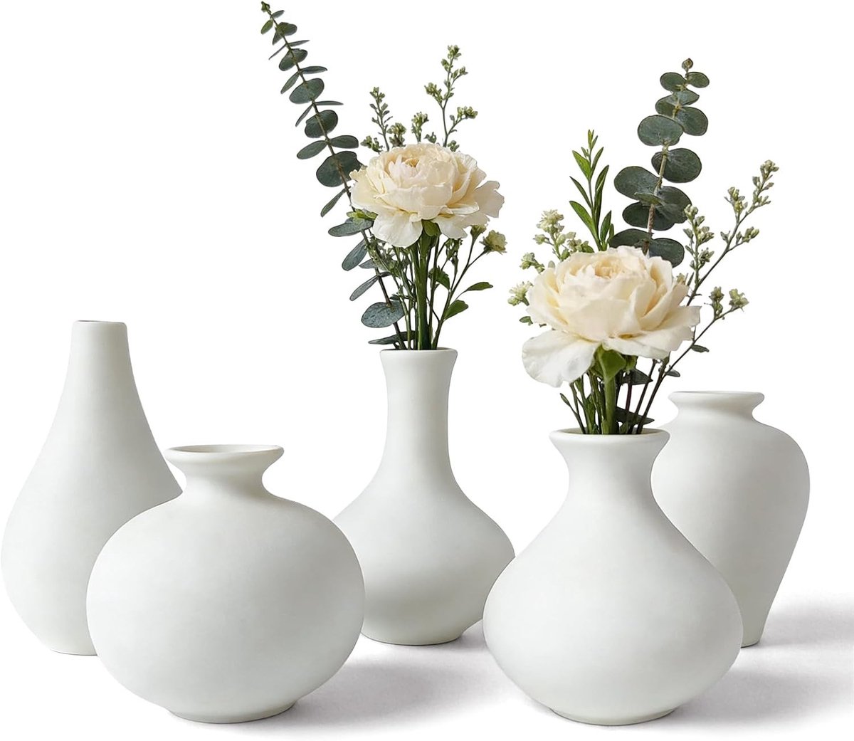 Set van 5 miniatuur vazen van keramiek in het wit voor tafelversiering, ideaal voor bloemen en pampasgras in de woonkamer en entree