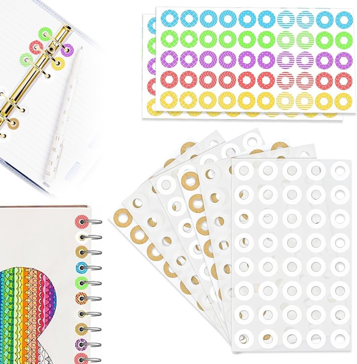 8 Vellen Papieren Versterkingsstickers met 340 Zelfklevende Gatenringetjes voor School, Thuis en Kantoor, 4 Stijlen