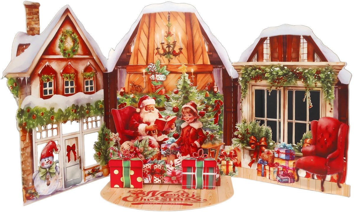 3D Pop Up Kerstkaart - Sneeuwhuis met Kerstman - Rode envelop