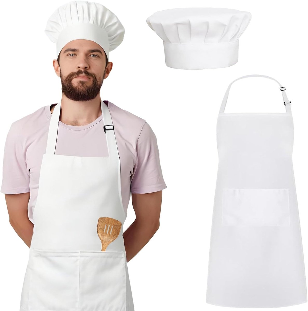 Professionele Keuken Schort en Verstelbare Koksbuis voor Volwassenen met 2 Zakjes en Waterdichte Bescherming voor Koken en Barbecue (Wit), 80*65cm