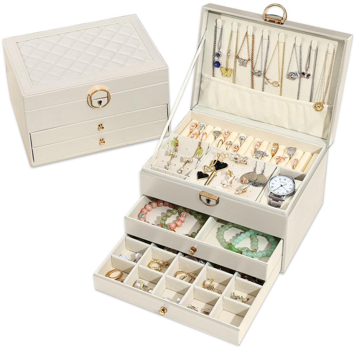 3 Laags Sieradenbox met 2 Laden - Beige - Voor Oorbellen, Ringen en Armbanden
