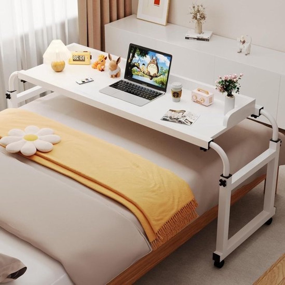 Overbed Tafel - Laptoptafel Bedtafel - Thuiswerken Ontspannen - Verstelbare Hoogte Breedte - 115-210 cm Breed - Wit