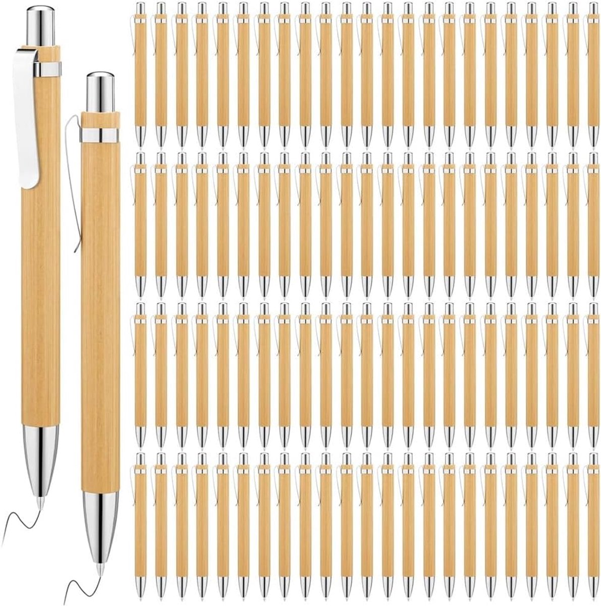 200 stuks bamboe balpen, intrekbare balpen, zwarte inkt van bamboe, 1 mm pen, duurzame pennen, duurzaam, eenvoudig te gebruiken, 13,5 x 1,1 cm