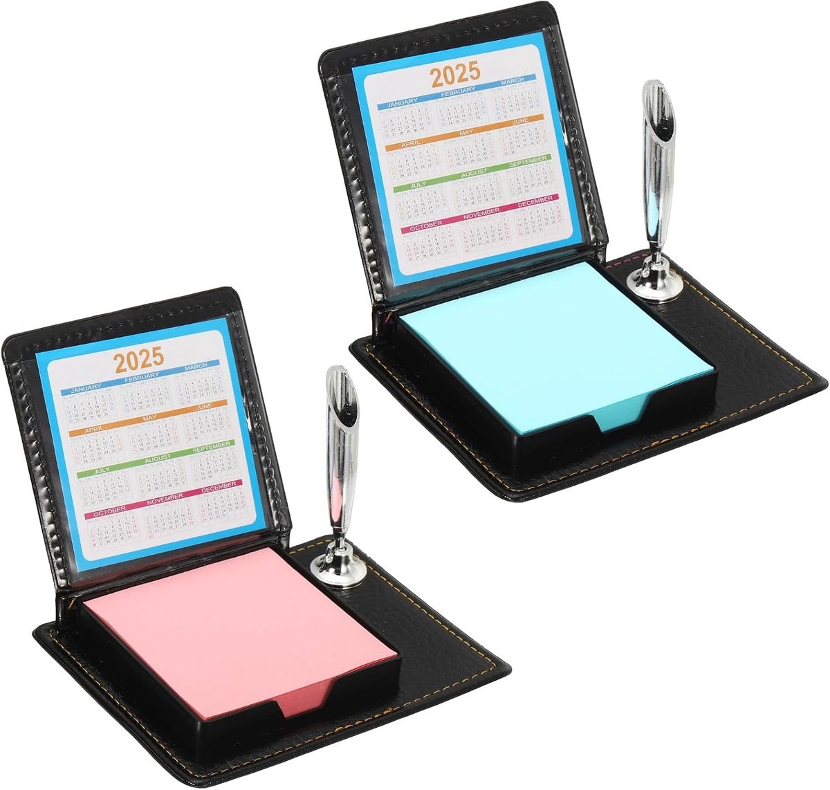 2 stks Lederen Sticky Notes Houder met Pen Houder, Post Notes Houder Opbergdoos Desktop Mini Case Visitekaarthouder Memo Pad Organizer voor Bureau Home Office Gift, Roze Blauw
