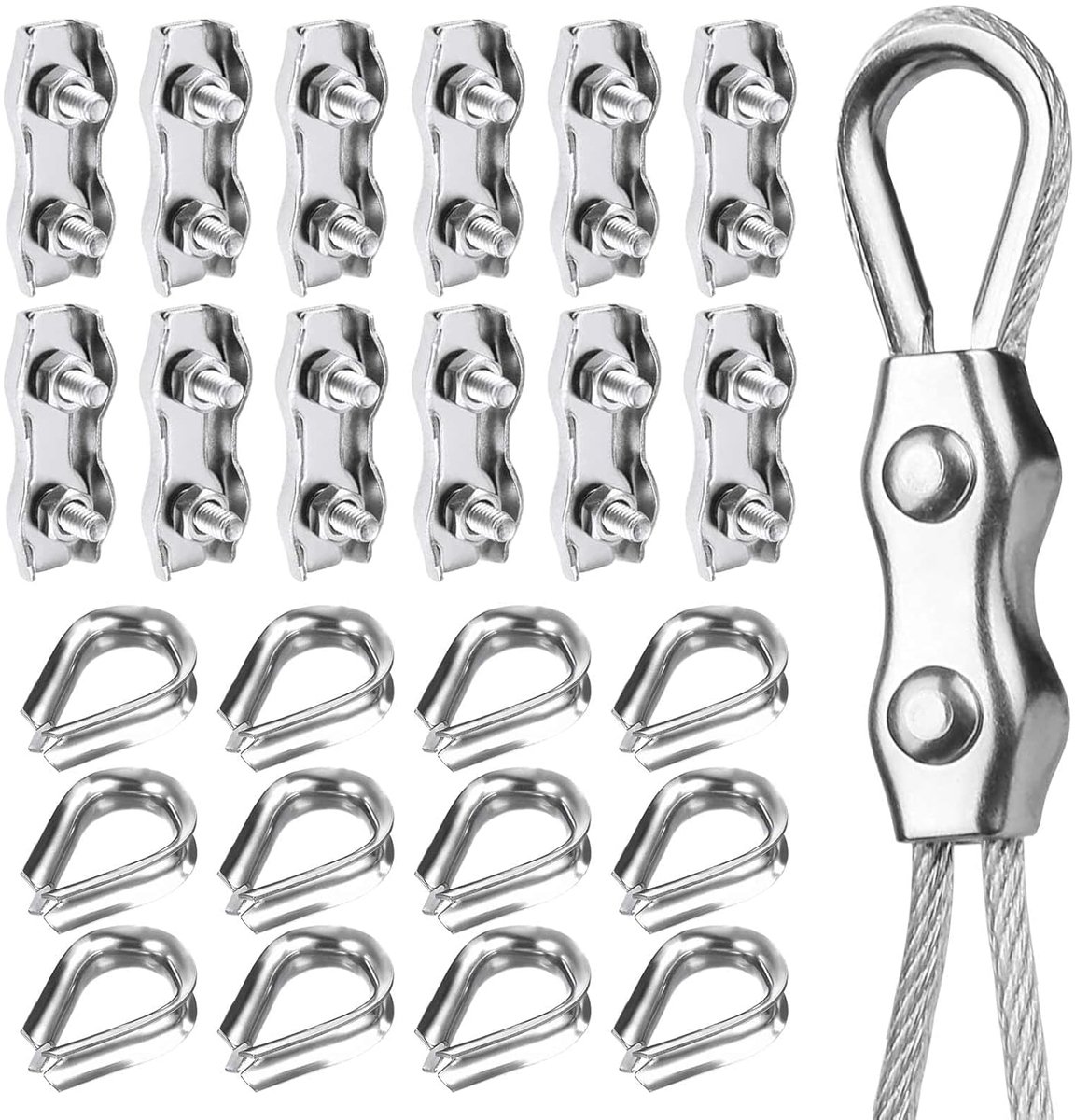 24 stuks duplex M4 kabelklem staal met vinger, kabelklemmen voor kabel 4 mm, metaal voor staalkabel van roestvrij staal, kabelklem voor touw voor waslijn 2-3 mm