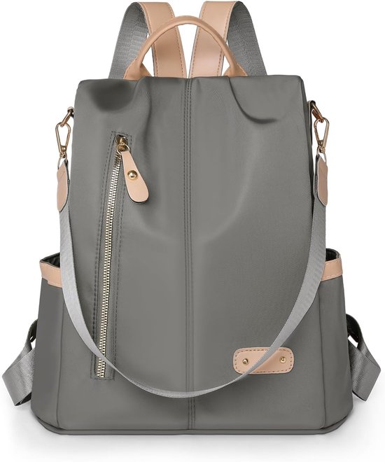 Grijze anti-diefstal rugzak met beige accenten, ritsvak voorop, verstelbare banden.