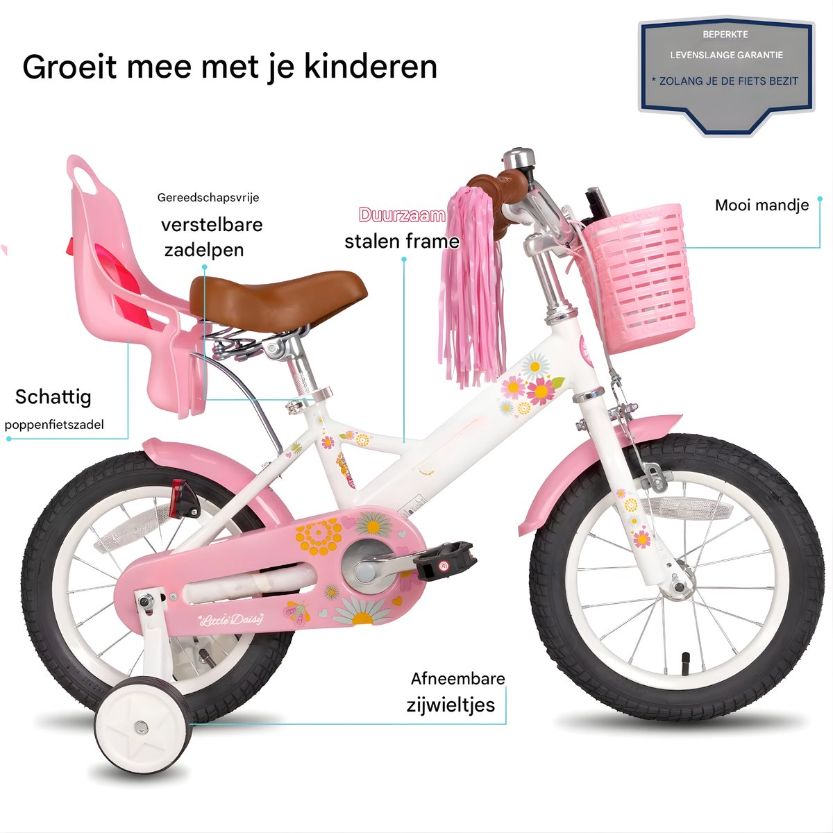 Kinderfiets – Voor meisjes 2–7 jaar – Met poppenfietszadel, streamers, vlag en nummerplaat – Black-12 Inch