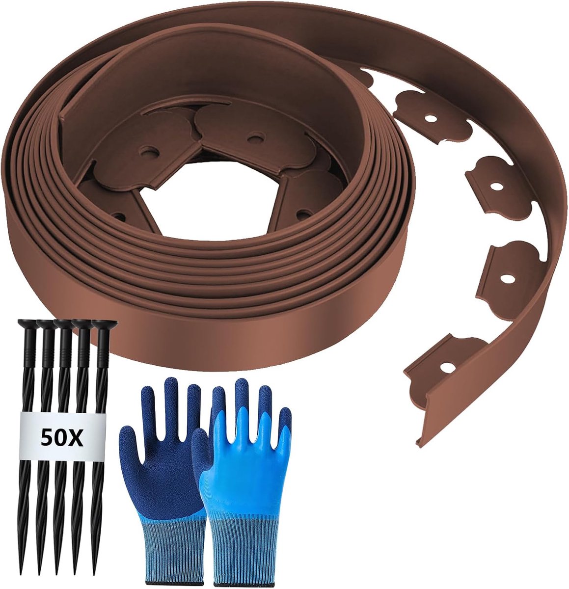 gazonrand van kunststof, lengte 10 m, hoogte 5 cm, met 50 grondankers + 1 paar handschoenen, bruin