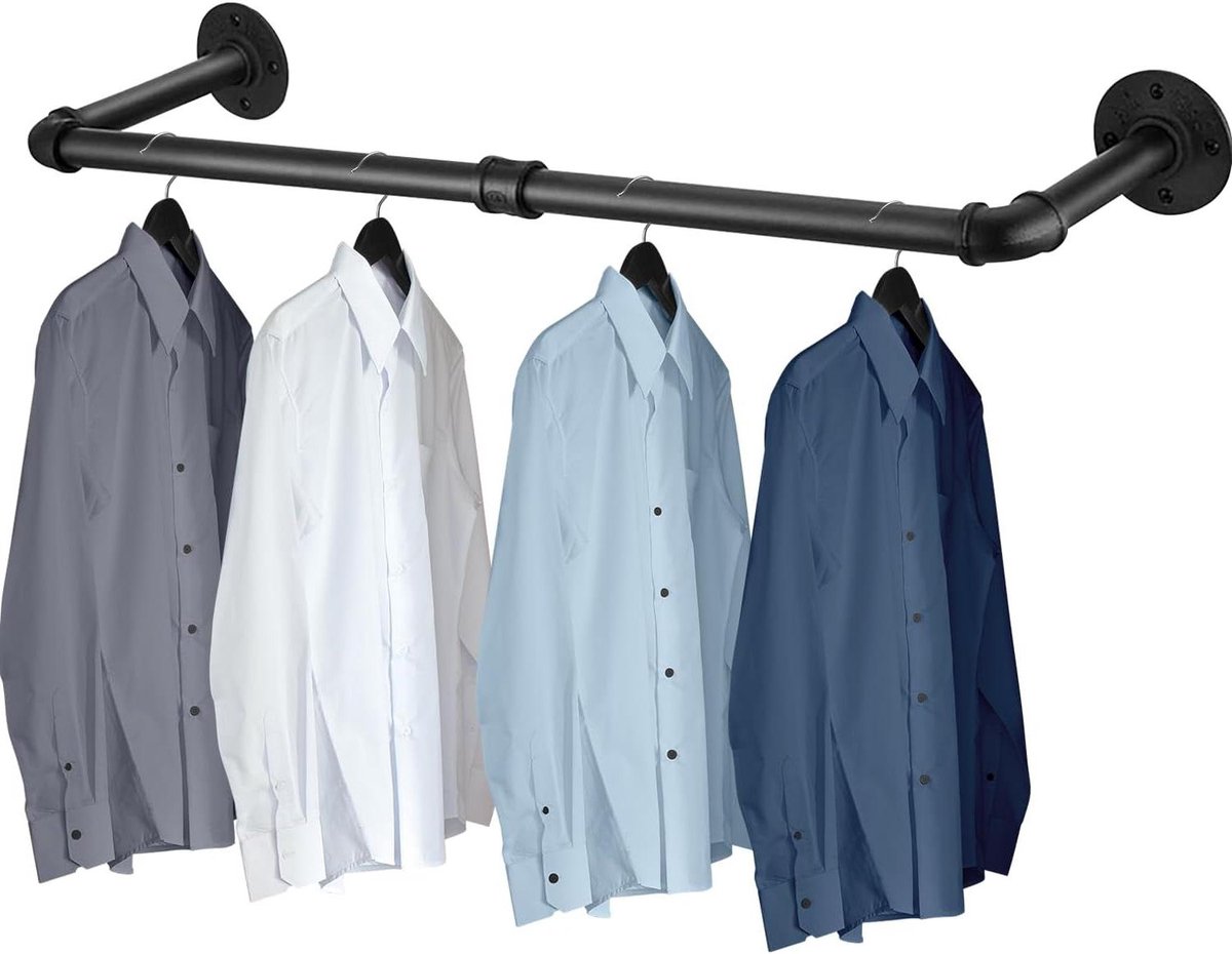 Kledingrek Wandmontage - Kledingstang Ophangrail - Kleding Opbergen - Industriële Stijl - 90CM - Zwart