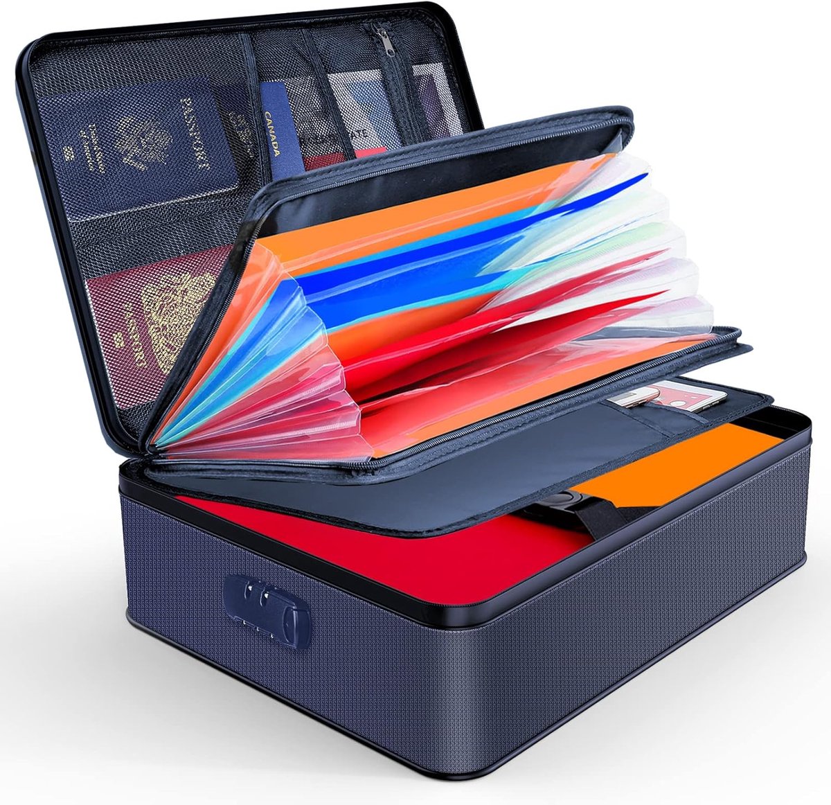 Documentenorganizer, vuurvaste documententas met slot, documentenopbergdoos met 7 vakken, aktenorganizer, draagbare aktetas voor belangrijke documenten, documenten (blauw)