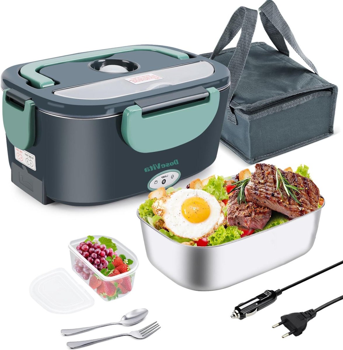 Elektrische Lunchbox - Zelfverwarmende Trommel - Voedsel Opwarmen - 3-in-1 Verwarming - 15 Liter - Groen