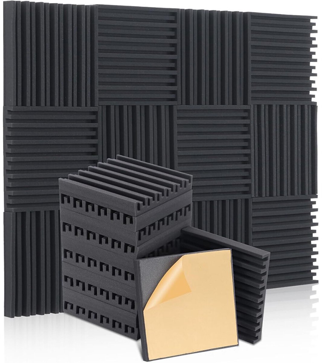 24-delige set geluidsabsorberende panelen – 30x30 cm – Zelfklevend – Met kleeflaag – Geluidsisolatie voor binnen – Schuimrubberen pads in eierdoosvorm – Geschikt voor slaapkamers en opnamestudio's – Zwart