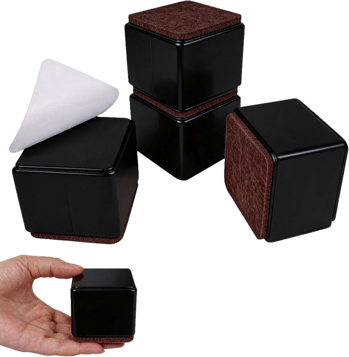 Vierkante Meubelverhogers - 4 stuks - 8×5cm - Meubelverhoging van koolstofstaal - met Vilten Onderlaag - Vloerbeschermend - Geluiddempend voor Bed, Bank, Eettafel en Fauteuil - zwart