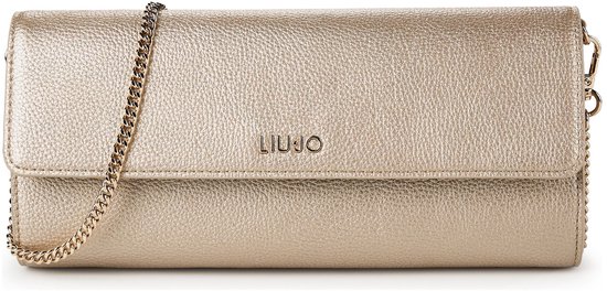 Gouden Liu Jo clutch met gouden ketting en logo.