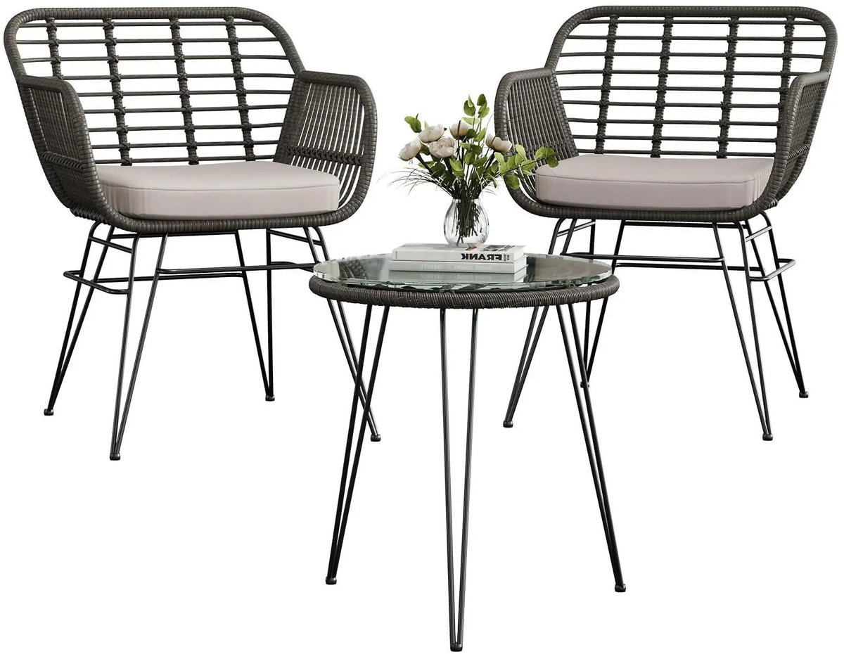 Bresht 3-delige Balkonset - Tuinset - Tuintafel & 2 stoelen - Weerbestendig - Grijs - Stoelen 48 × 56 × 82 cm - Tafel 51 × 52,5 cm