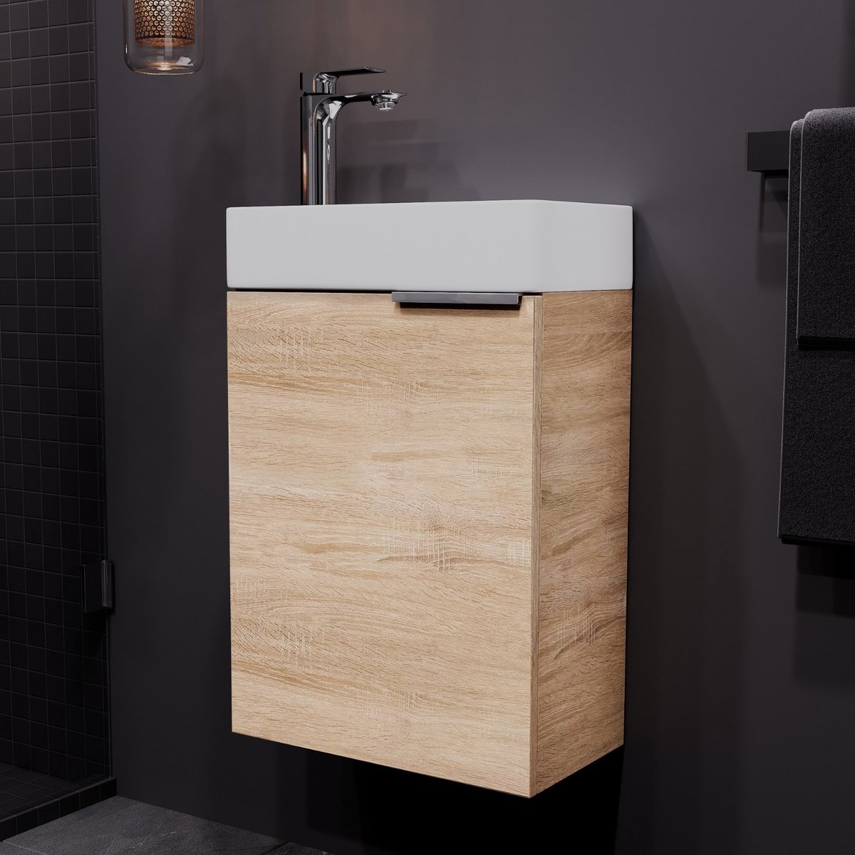 Planetmöbel - Wastafelonderkast 40 cm - Sonoma eiken - Met wastafel en kraan chroom - Grieploos