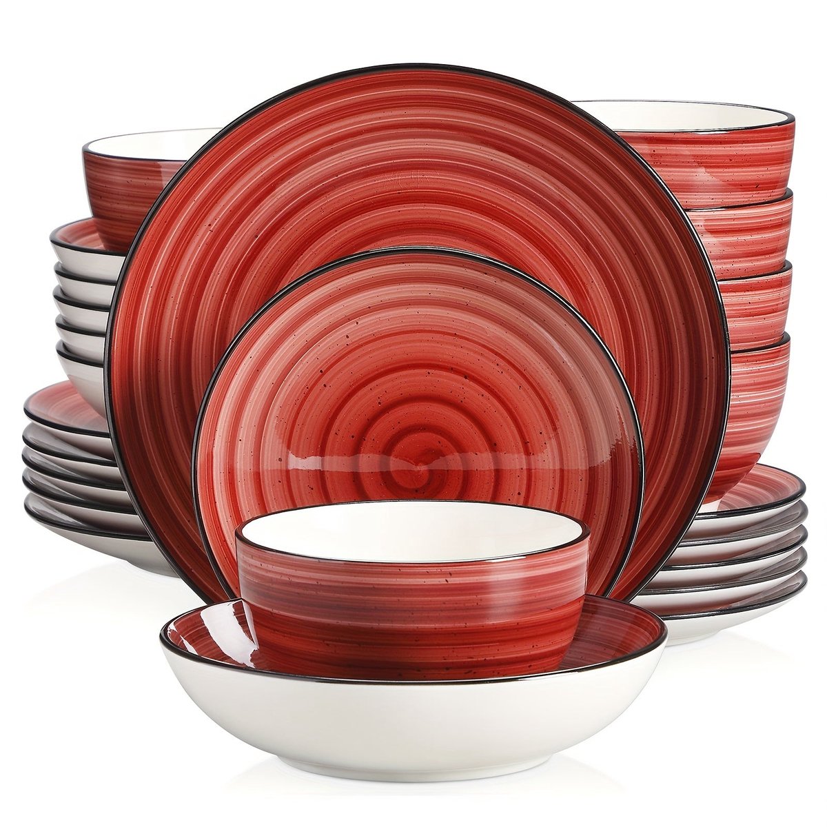 Home & Beyond® Serviesset 24-delig - Tafelservies voor 6 Personen - Borden en Kommen - Handbeschilderd Servies - Rood - 24 Stuks