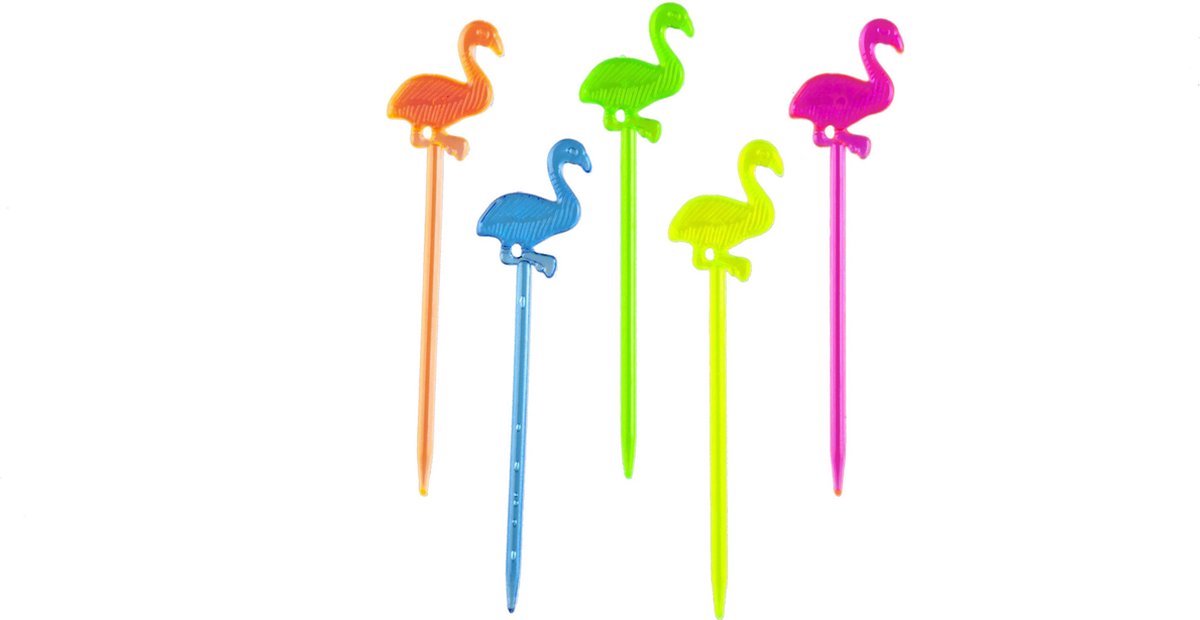 50x cocktailprikkers - Flamingo prikkers - Party picks - Hapjesprikkers - Hapjes stekers - Sateprikkers - Kaas stokjes - Tropisch thema - Multicolor - Feestdecoratie - Borrel prikkers - Jonyx