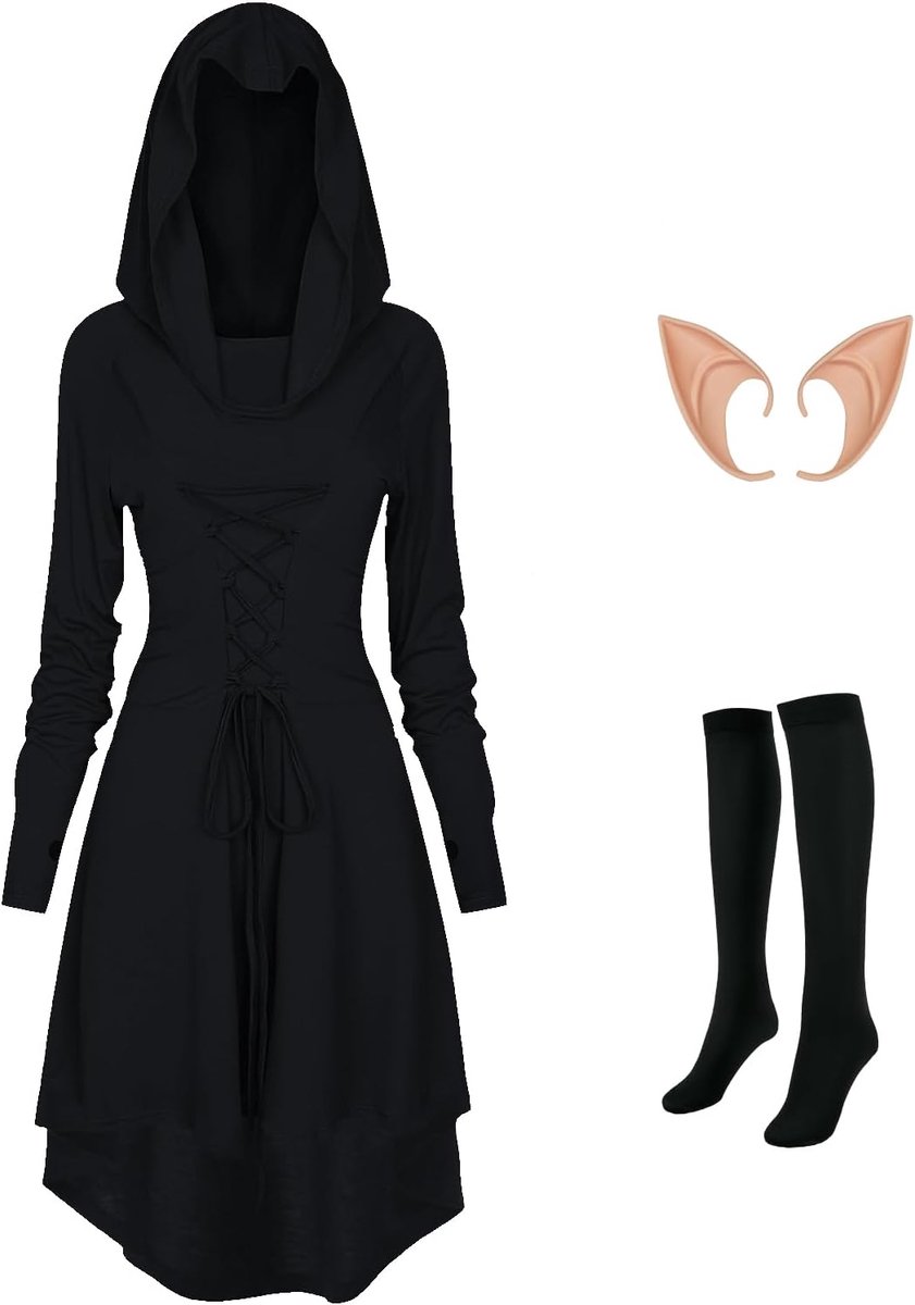 jurk voor dames, middeleeuwse kleding, retro jurk met capuchon, bijpassende kousen en oorbellen, renaissance-jurk voor Halloween
