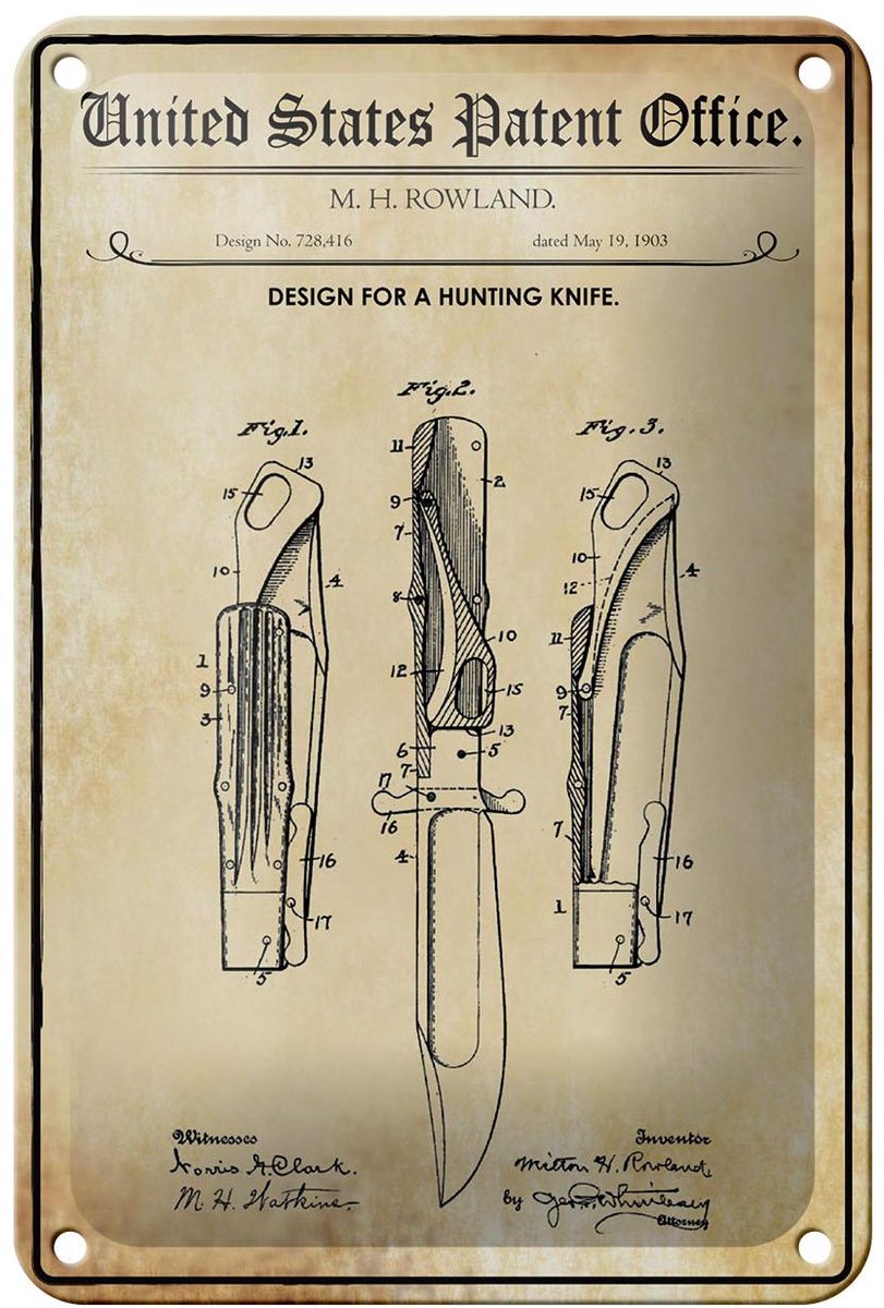 Blechschild Patent 12x18 cm Entwurf für ein Jagdmesser Deko Schild