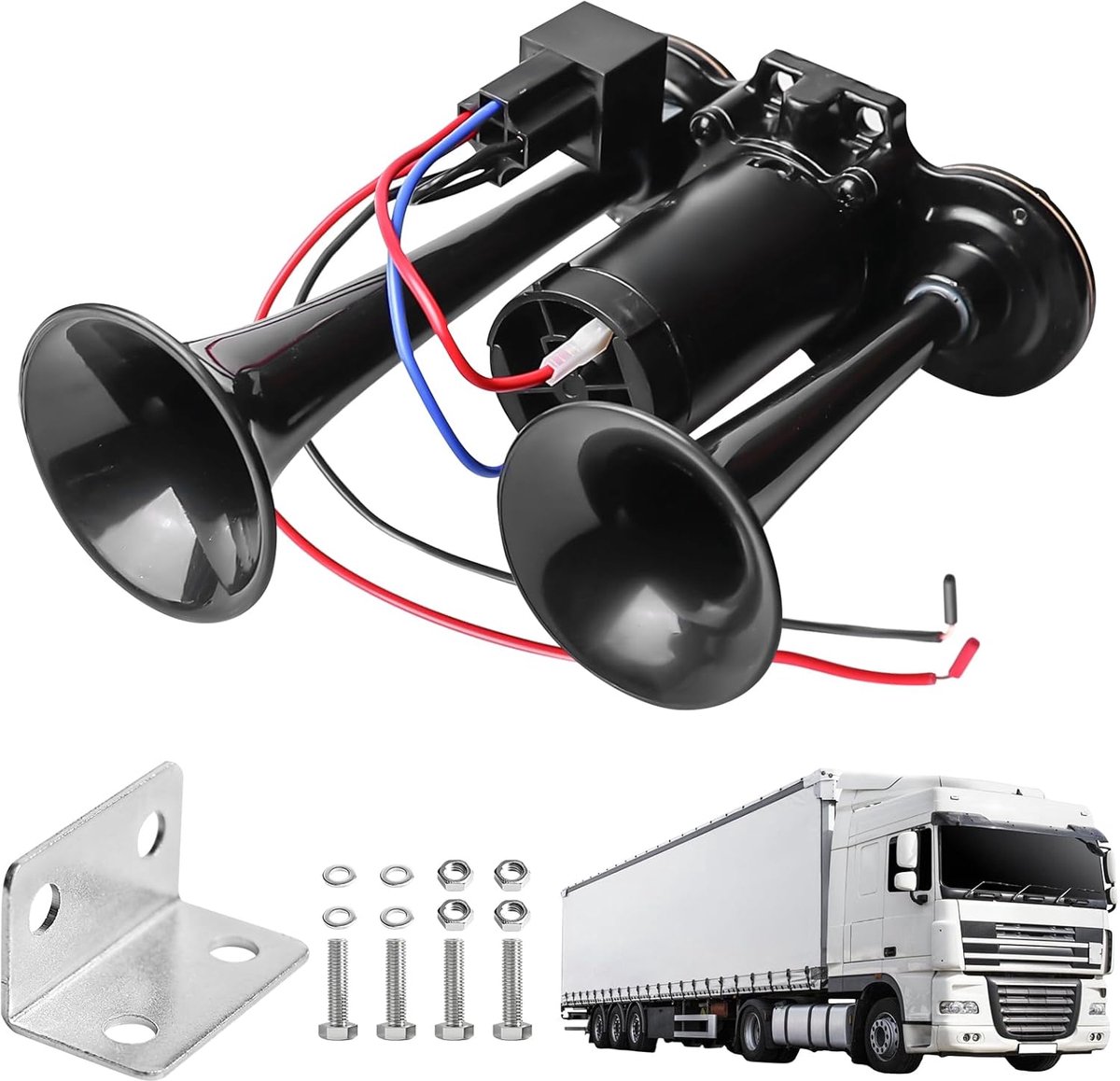 12V vrachtwagen claxon, luid luchthoorn 120db autoclaxon met compressor dubbelbuis luchthoorn persluchthoorn luide claxon set voor alle 12V voertuigen, vrachtwagen, trein, auto, boot, motorfiets, bus