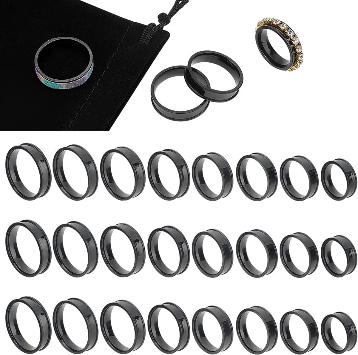 24 stuks 8 maten zwarte blanco kern vingerringen roestvrij staal gegroefde vingerring brede band ronde lege ring voor inlay ring sieraden maken geschenk maat 5-14