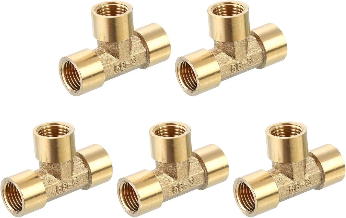 T-stuk messing 1/4" x 1/4" x 1/4" NPT 3-weg T-connector voor gastransport, 5 stuks