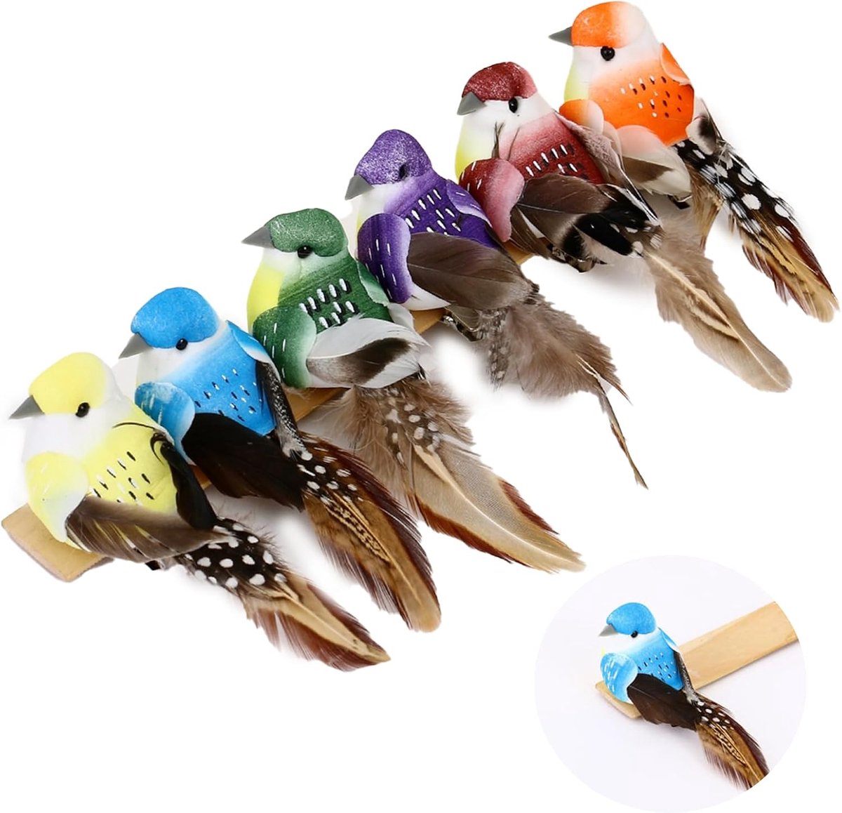 6 stuks handgemaakte veren vogel ornamenten met clips - kunstschuim vogels voor tuin, huisdecoratie, kerstboom gazon decoratie