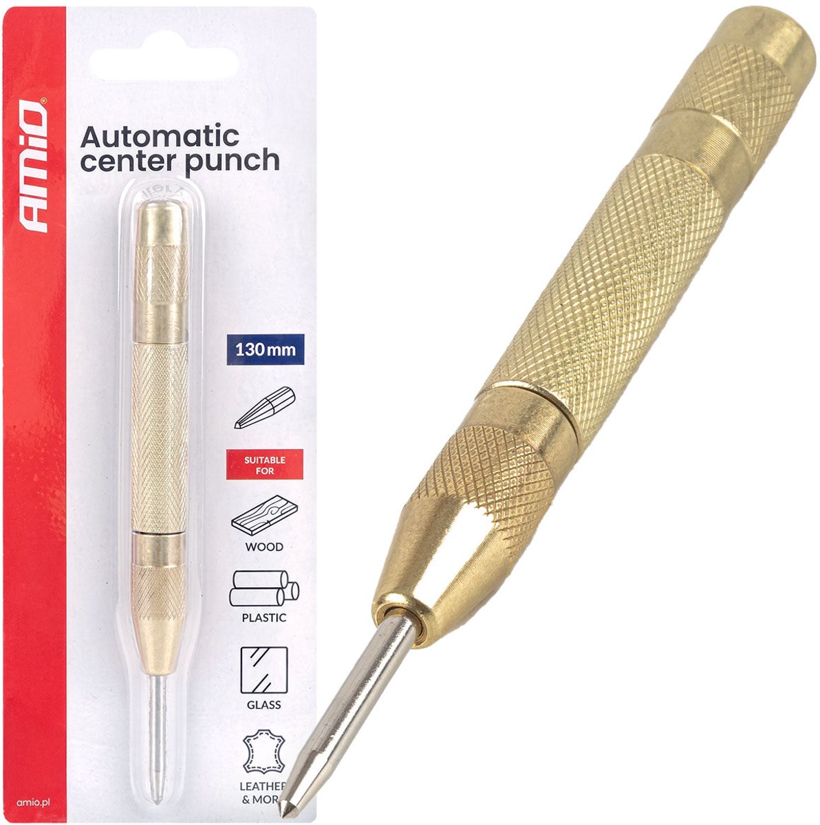 AMiO Automatische Centerpunt 130mm Koolstofstaal - Center Punch voor Metaal, Hout en Kunststof Boorpositie Markeren