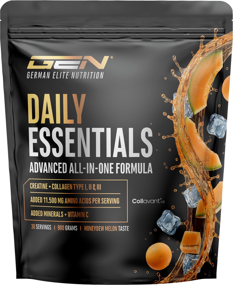 Daily Essentials All-in-One Formule - 900 g Poeder - Honeydew Melon | 3.000 mg Creatine Monohydraat, Collageen Type I, II & III (Collavant® n2), 11.500 mg Aminozuren, Elektrolyten & Vitamine C