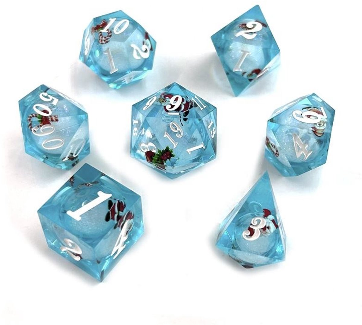 Lapi Toys - Dungeons and Dragons dobbelstenen - D&D dobbelstenen - D&D polydice - 1 set (7 stuks) - Kerst - Sharp edge - Resin - Met kerstfiguren - Inclusief dice bag - Lichtblauw - Transparant